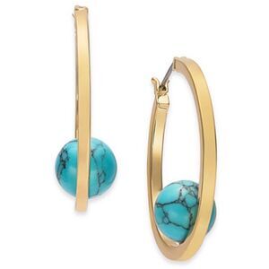 Alfani Gold-Tone Medium Turquoise Blue Stone Ball 1.5" Hoop Earrings New
